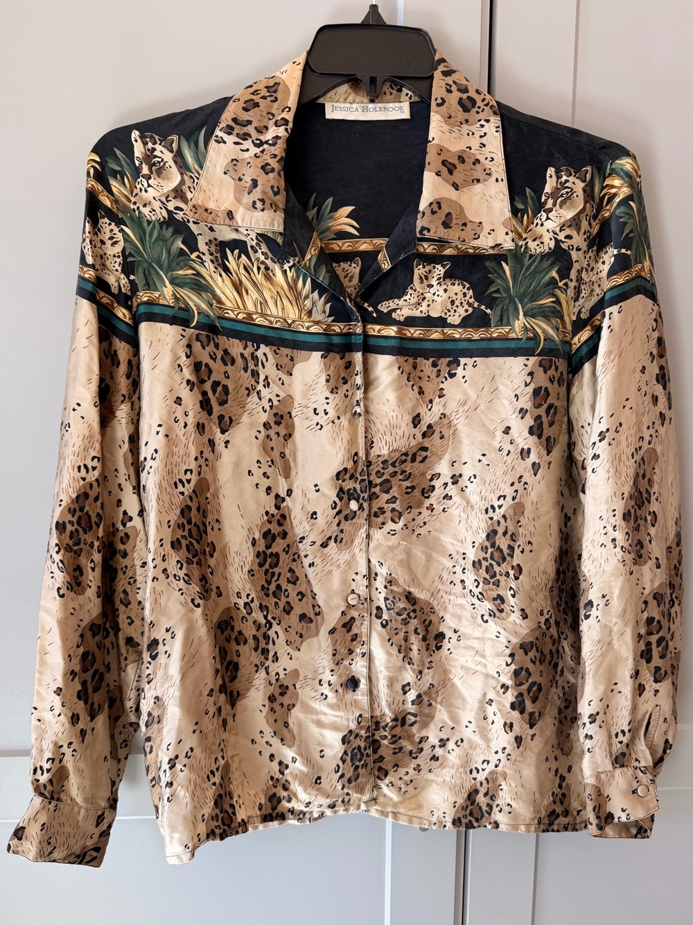 Vintage 90s Jessica Holbrook 100% Silk Leopard Cheetah Safari Blouse Size M